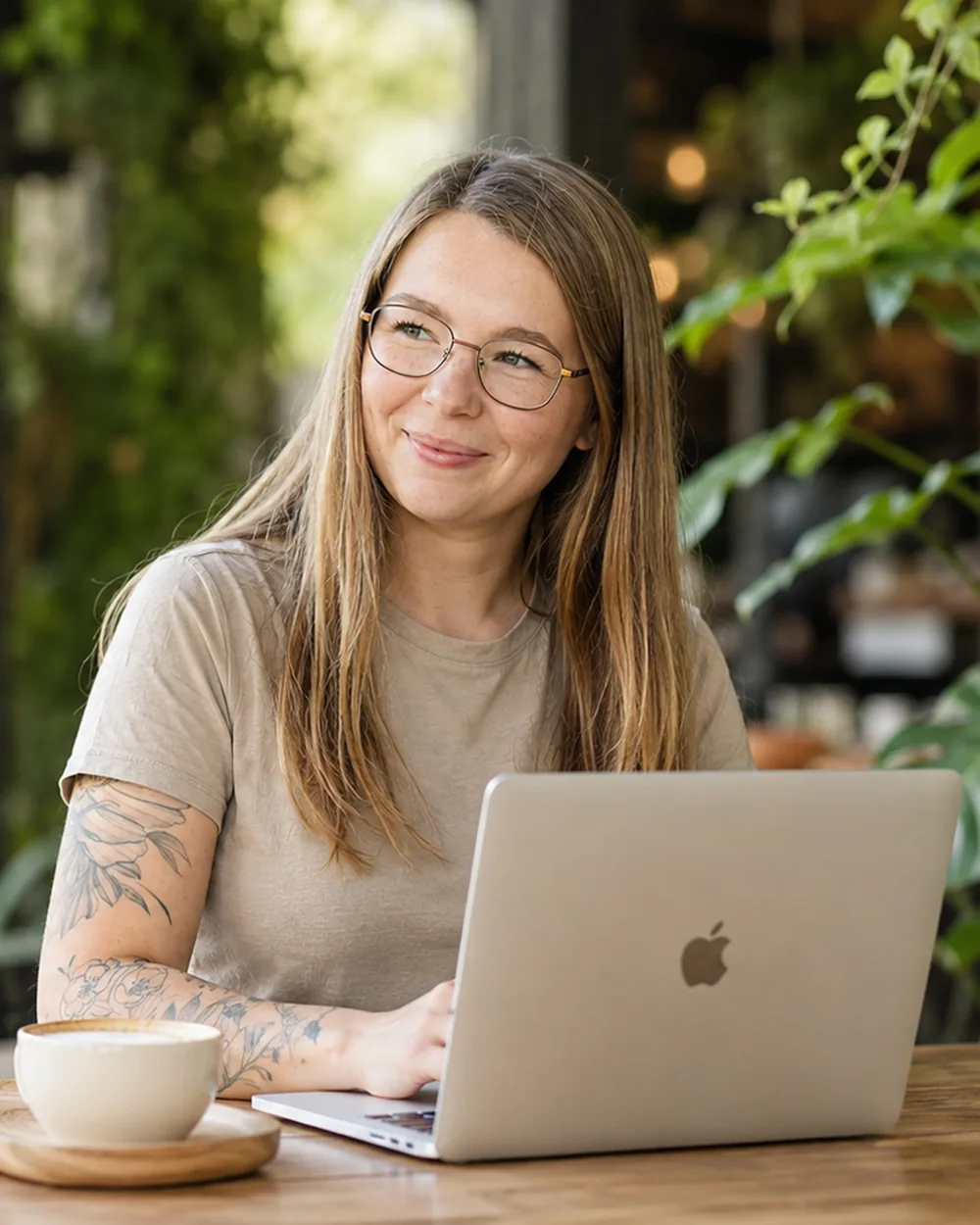Michelle Skibinski von MS Design am Laptop, im Hintergrund eine begrünte Wand